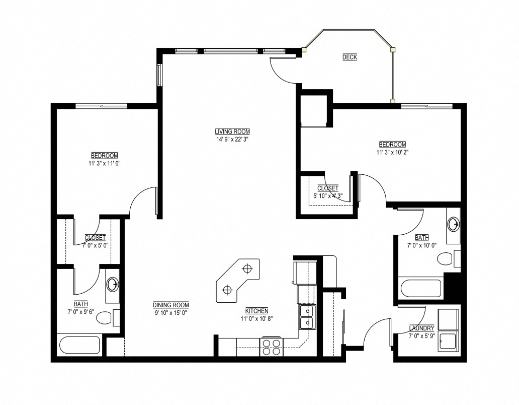 Floor plan for 2 beds, 2 baths, 1275 sqft
